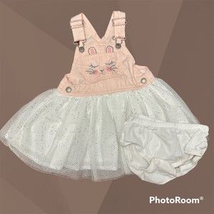 Oshkosh Baby Girl 18 Mths Pink Bunny Overall Dress W/Glitter Skirt